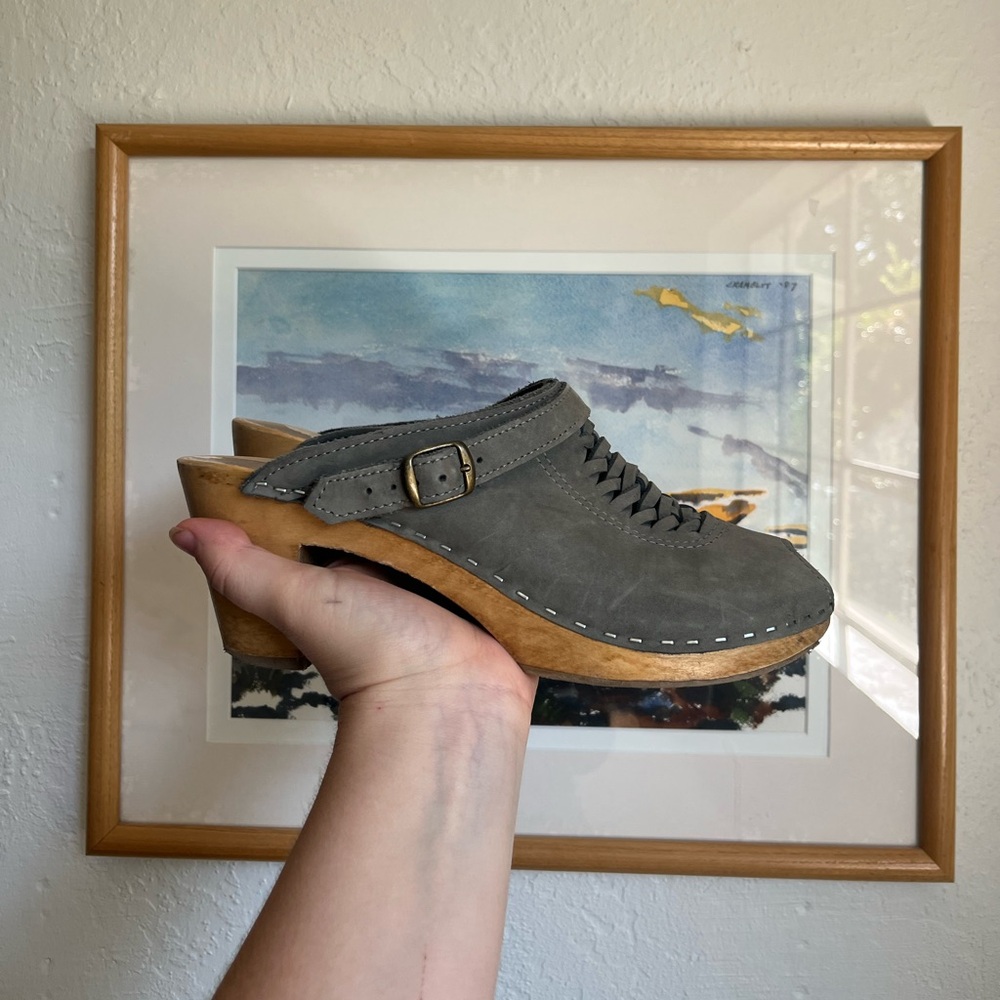 No. 6 Gray Leather Peep Toe Clog Women’s Size 8 40 Wood Heel Handmade Made in US